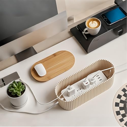 Soko Cable Management Box with Bamboo Lid | Cords Hider & Surge Protector | Concealer for Power Strips, Router, TV, Gadget Wires Storage Organiser Tray for Desk, Table - Home, Office - Off-White - Image 2