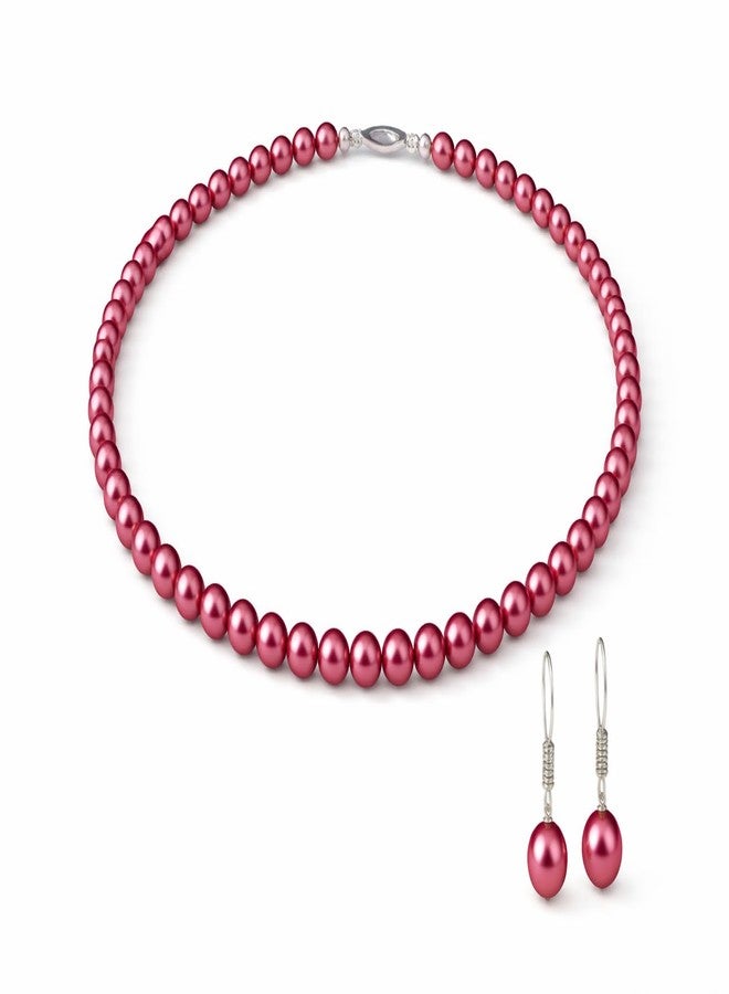 Mingle Traditional Pearl Moti Mala Set for Women | Handcrafted Pearl Necklace & Earrings. (Pink) - Image 1