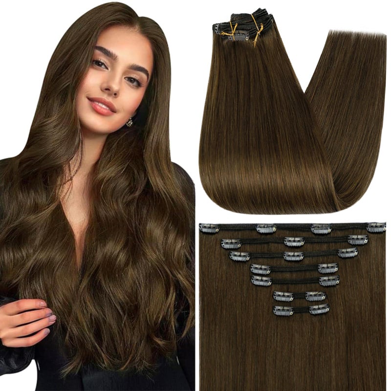 Full Shine Hair Extensions Clip in Real Human Hair Chestnut Brown Clip on Hair Extensions Invisible Brown Hair Full Head 18 Inch 7 Pcs 120g - Image 1