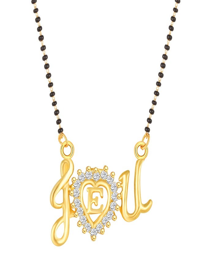 MEENAZ Mangalsutra for Women ladies Gold Traditional Stylish Single Line American Diamond Tanmaniya Necklace Pendant Black Bead Chain Short Letter Name Initial Word Alphabet E Mangal sutra 18 Inch-4 - Image 1