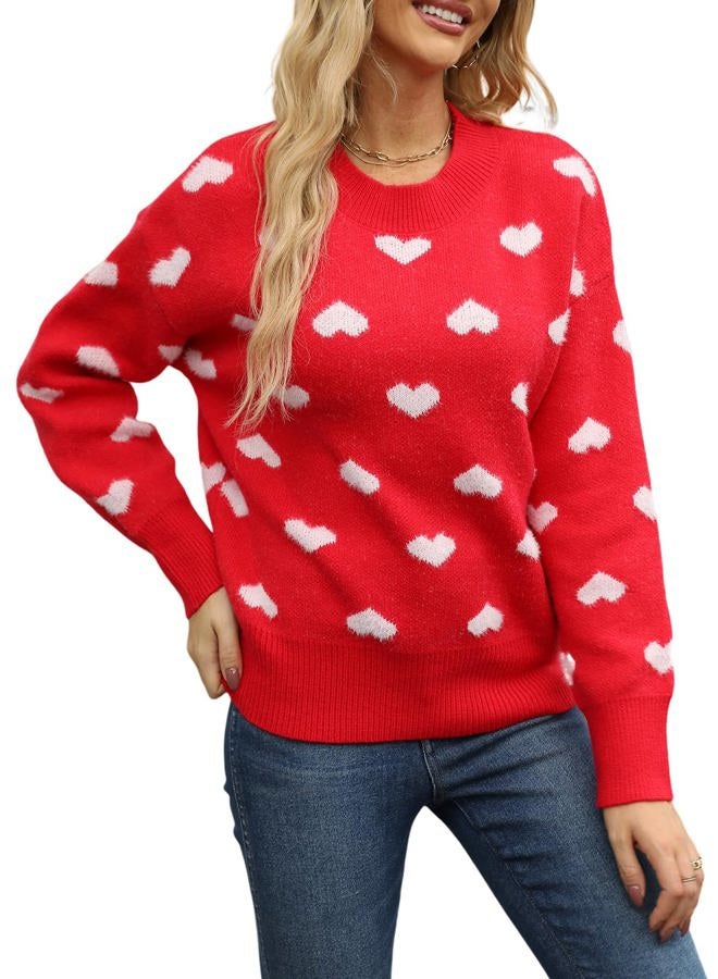 Gihuo Heart Sweater for Women Cute Kawaii Casual Crewneck Long Sleeve Knitted Pullover Sweaters, Red, S - Image 1