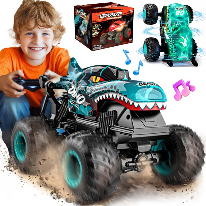 BEZGAR Monster Truck Toys Remote Control Monster Truck with Light Music Dinosaur Toys for Kids 120 Scale RC Truck with 360 Spins and Drifting Remote Control Car for Boys 47 Blue - Image 2