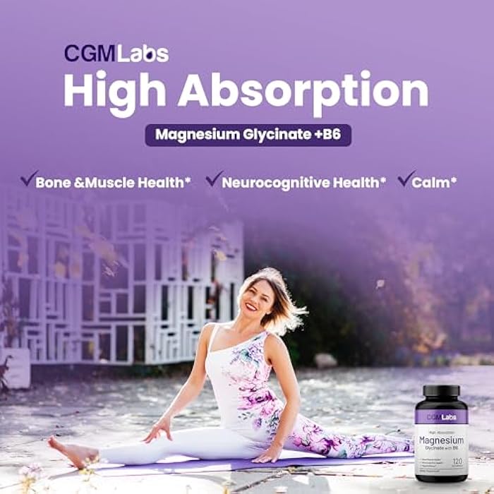 CGMLABS CGM Labs Magnesium Glycinate with Vitamin B6, 240mg Elemental Magnesium & 25mg B6, High Absorption for Sleep Support, Calm & Muscle Relaxation, Gentle on Stomach, Non-GMO, Gluten Free, 120 Capsules - Image 2