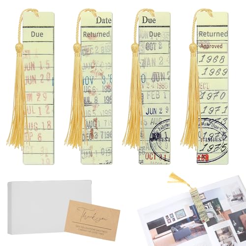 Tanfeine Bookmark for Book Lovers, Vintage Library Due Date Card Bookmarks Set, 4pcs Creative Acrylic Bookmarks for Men Women Book Lovers, Book Accessories Gift for Birthday, Teachers Appreciation - Image 1