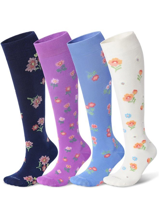 LEVSOX Viscose Made from Bamboo Compression Socks for Pregnant Women 20-30 mmHg Knee High Cute Mens Supports Socks for Travel, 4 Pair-flower, L - Image 1