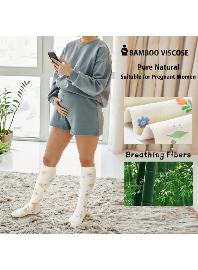 LEVSOX Viscose Made from Bamboo Compression Socks for Pregnant Women 20-30 mmHg Knee High Cute Mens Supports Socks for Travel, 4 Pair-flower, L - Image 4