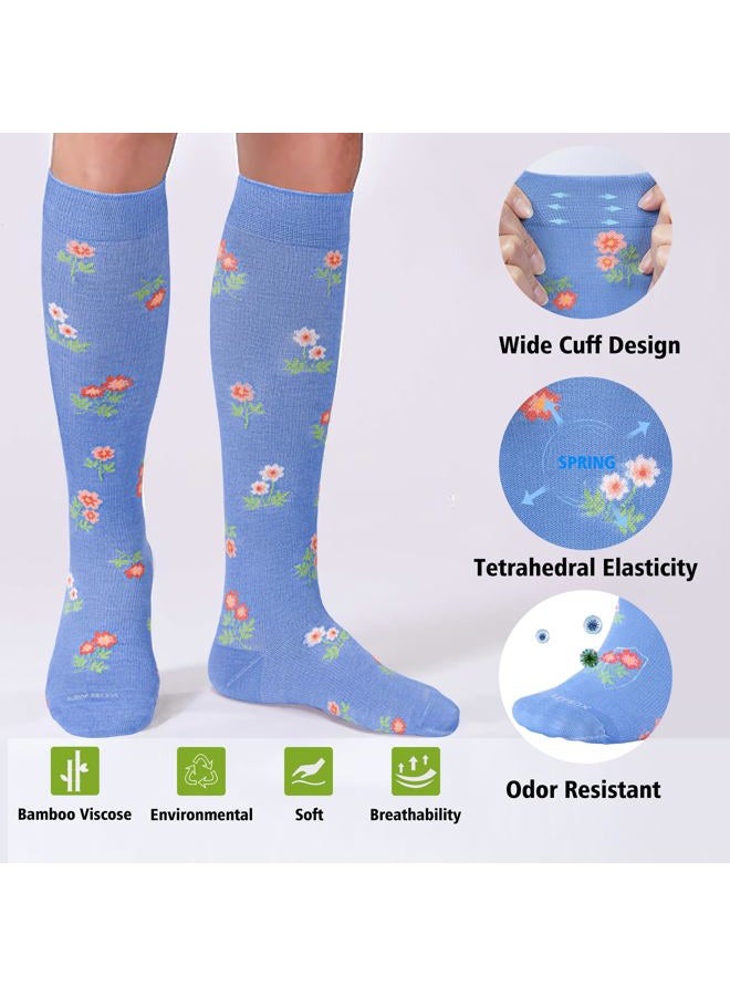 LEVSOX Viscose Made from Bamboo Compression Socks for Pregnant Women 20-30 mmHg Knee High Cute Mens Supports Socks for Travel, 4 Pair-flower, L - Image 3