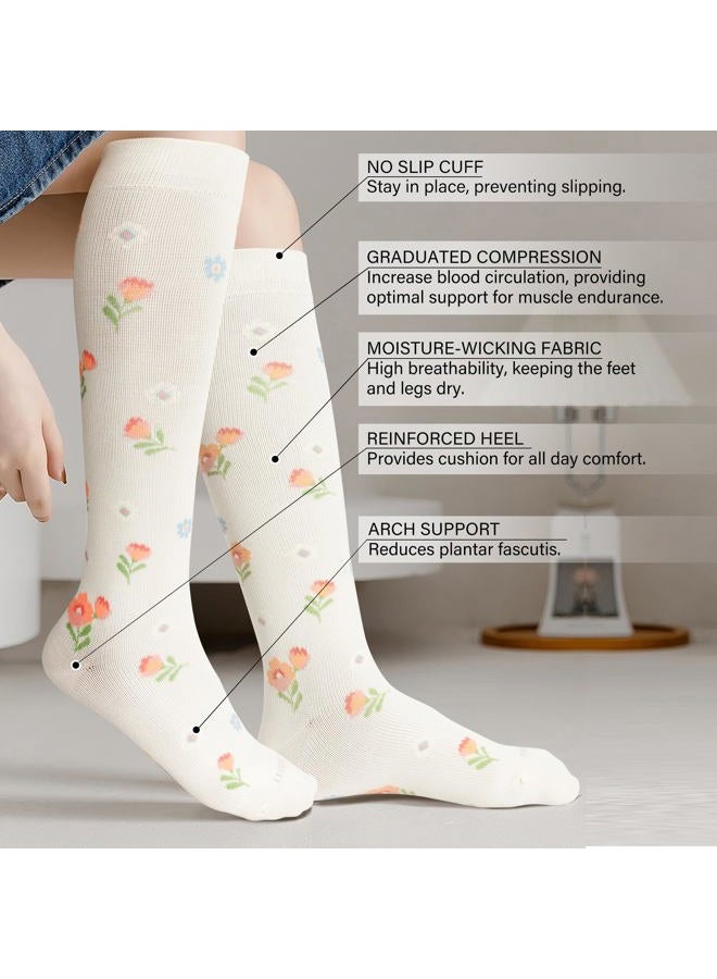 LEVSOX Viscose Made from Bamboo Compression Socks for Pregnant Women 20-30 mmHg Knee High Cute Mens Supports Socks for Travel, 4 Pair-flower, L - Image 2