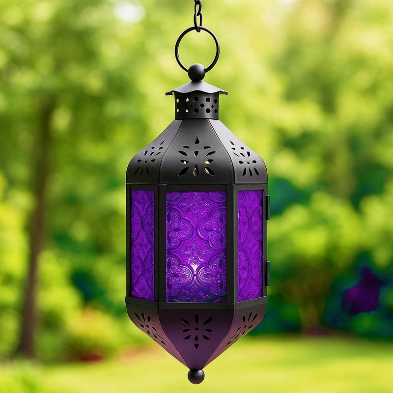 Vela Lanterns فوانيس فيلا 11.5" معلقة مغربية زخرفية لمصباح الشموع - حامل شموع ضوء الشاي للداخل والخارج للباحة، الشرفة، رمضان أو ديكور المنزل، بنفسجي ملكي - Image 1