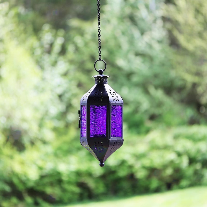 Vela Lanterns فوانيس فيلا 11.5" معلقة مغربية زخرفية لمصباح الشموع - حامل شموع ضوء الشاي للداخل والخارج للباحة، الشرفة، رمضان أو ديكور المنزل، بنفسجي ملكي - Image 3