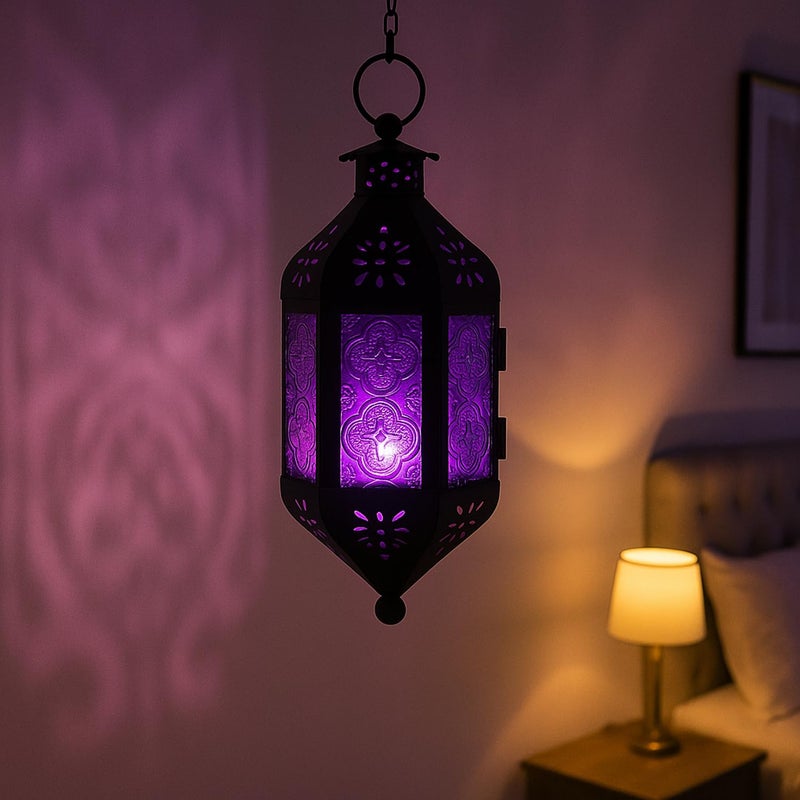 Vela Lanterns فوانيس فيلا 11.5" معلقة مغربية زخرفية لمصباح الشموع - حامل شموع ضوء الشاي للداخل والخارج للباحة، الشرفة، رمضان أو ديكور المنزل، بنفسجي ملكي - Image 2
