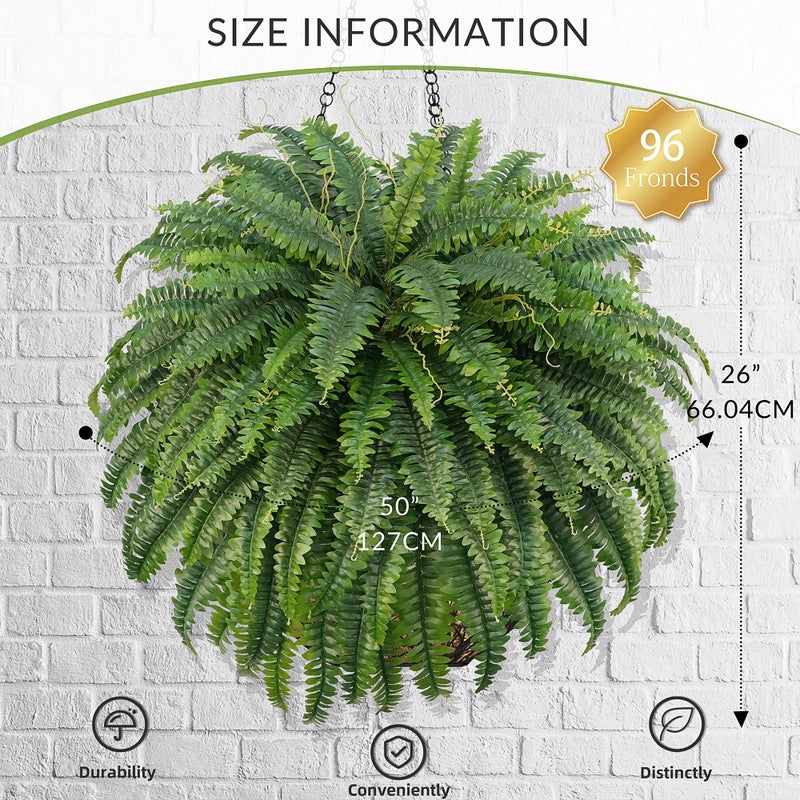 FOREST PRINCE 50" Artificial Boston Ferns, Fake Bush Plants, Large Faux Ferns with 96 Fronds for Outdoors Home Decor - Image 3