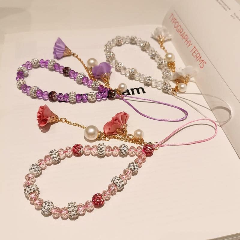 Omorro Cell Phone Straps Phone Chain Strap Crystal Flower Pendant Keychains Beaded Phone Strap Lanyard Beads Chain Anti-Lost and Non-Slip Mobile Phone Strap for Handbag Decoration Accessories Purple - Image 5