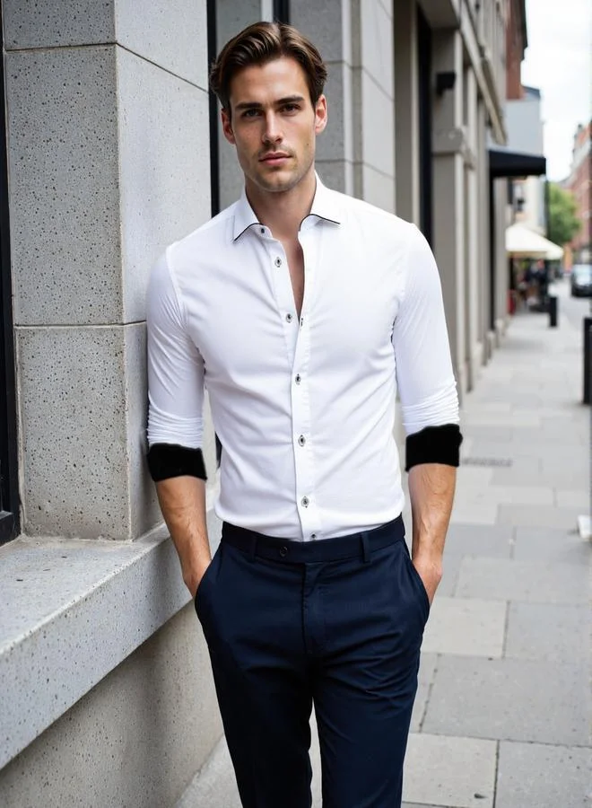 دينيس لينغو قميص رجالي أبيض قطن سادة بأزرار مقاس عادي