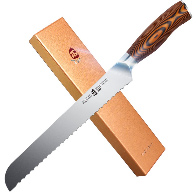 TUO Bread Knife 9 inch Razor Sharp Serrated Slicing Knife High Carbon German Stainless Steel Kitchen Cutlery Pakkawood Handle Luxurious Gift Box Included  Fiery Phoenix Series