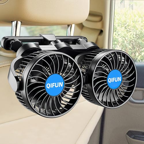 QIFUN مروحة سيارة QIFUN 12V، مروحة سيارة محمولة، أدوات تبريد رائعة لركاب المقعد الخلفي، 4 بوصة مسند رأس دوار 360° لتبريد المقعد الخلفي مع تنظيم سرعة غير محدد للمركبات، SUV، RV، قارب - Image 1