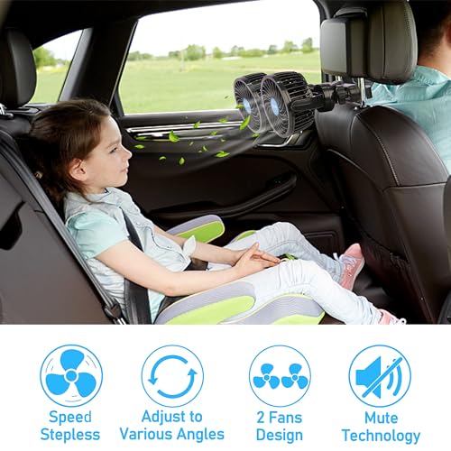 QIFUN مروحة سيارة QIFUN 12V، مروحة سيارة محمولة، أدوات تبريد رائعة لركاب المقعد الخلفي، 4 بوصة مسند رأس دوار 360° لتبريد المقعد الخلفي مع تنظيم سرعة غير محدد للمركبات، SUV، RV، قارب - Image 4