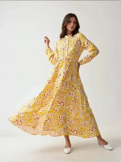 HICCUP Printed Maxi Dress with Shirt Collar