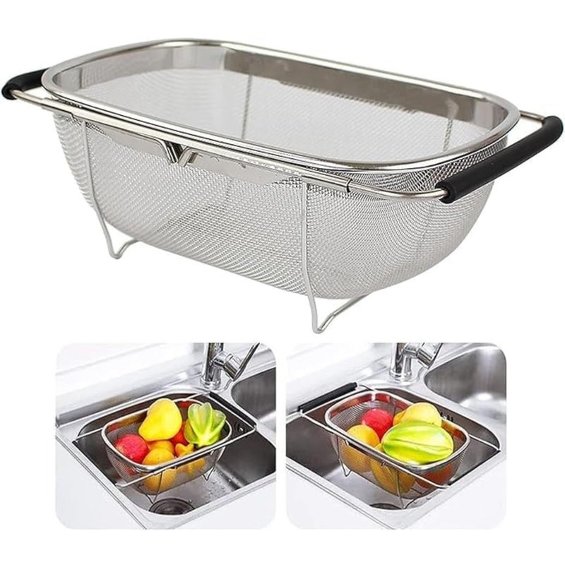 KRESHU Stainless Steel Oval Fine Mesh Colander Strainer with Rubber Rubber Grip Handle| Multi-Functional Large Over The Sink Basket Expandable Drainer for Rinse Vegetables Fruits (Pack of 1) - Image 1