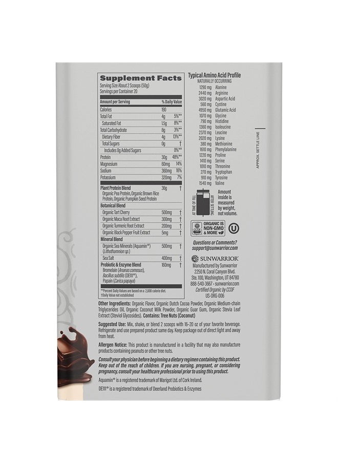 Sunwarrior Vegan Protein Powder USDA Organic | BCAA Sugar Free Gluten Free Non-GMO Dairy Free | Chocolate 20 Servings | Sport Organic Active Protein  - Image 2
