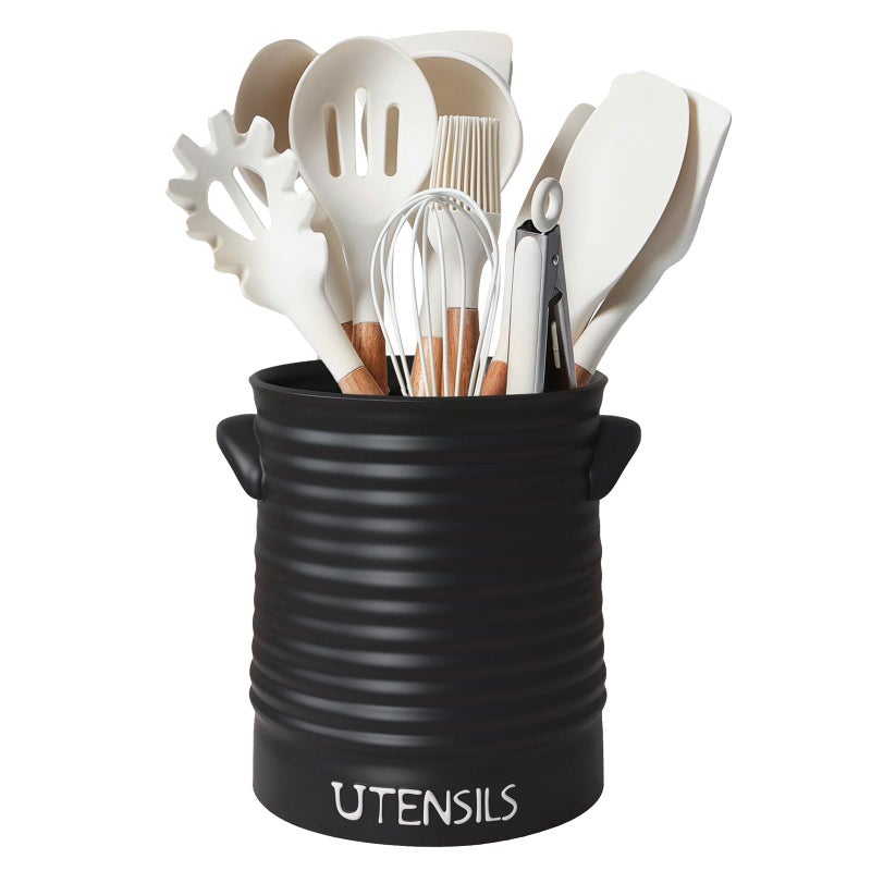 Karisky Utensil Holder for Kitchen Counter 64 Ceramic Utensil Crock with Cork Mat for Countertop Modern Farmhouse Cooking Organizer for Spatula Spoon Kitchen Decor Matte Black - Image 2
