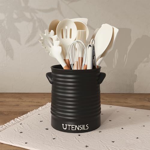 Karisky Utensil Holder for Kitchen Counter 64 Ceramic Utensil Crock with Cork Mat for Countertop Modern Farmhouse Cooking Organizer for Spatula Spoon Kitchen Decor Matte Black - Image 3