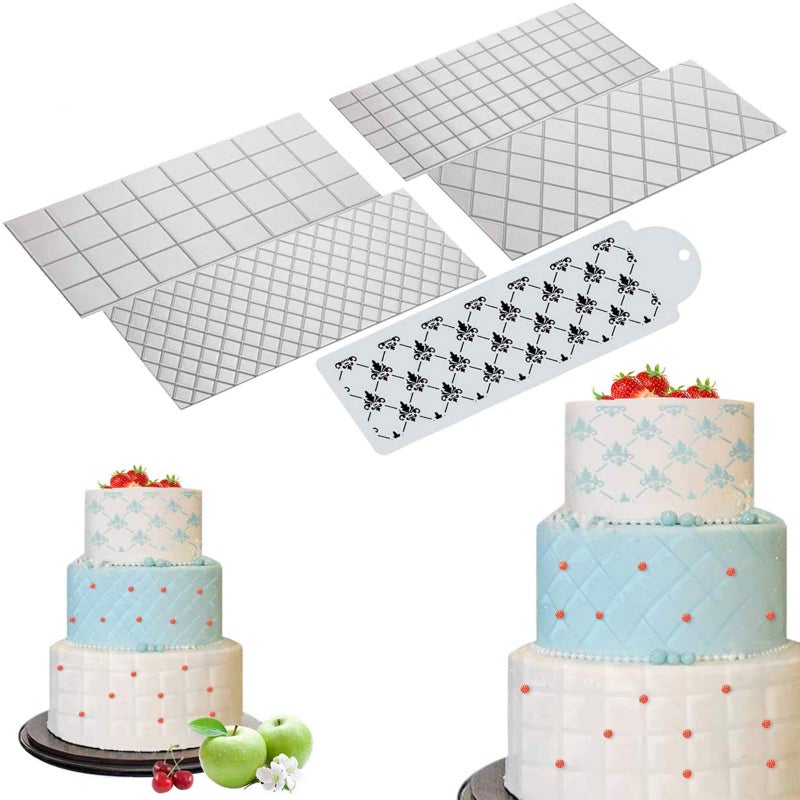 Kissbuty Wedding Cake Stencil Template Kissbuty 5 Pcs Cake Decorating Embossing Plastic Spray Floral Cake Cookie Fondant Side Baking Mesh Stencil Mat Wedding Decor Tools Diamond Quilted Grid Texture