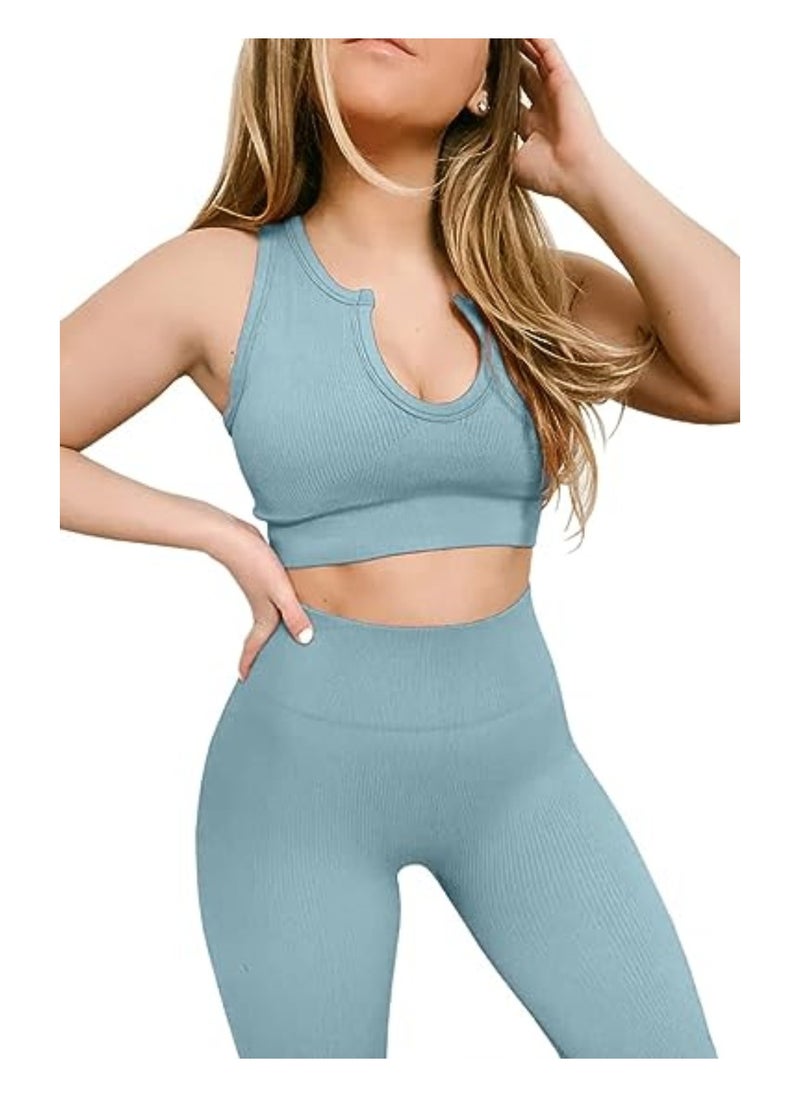 NIBEMINENT - Women's Workout Clothes Set of 2 Ribbed Seamless Crop Tank Top High Waist Yoga Leggings Set Activewear - Image 1