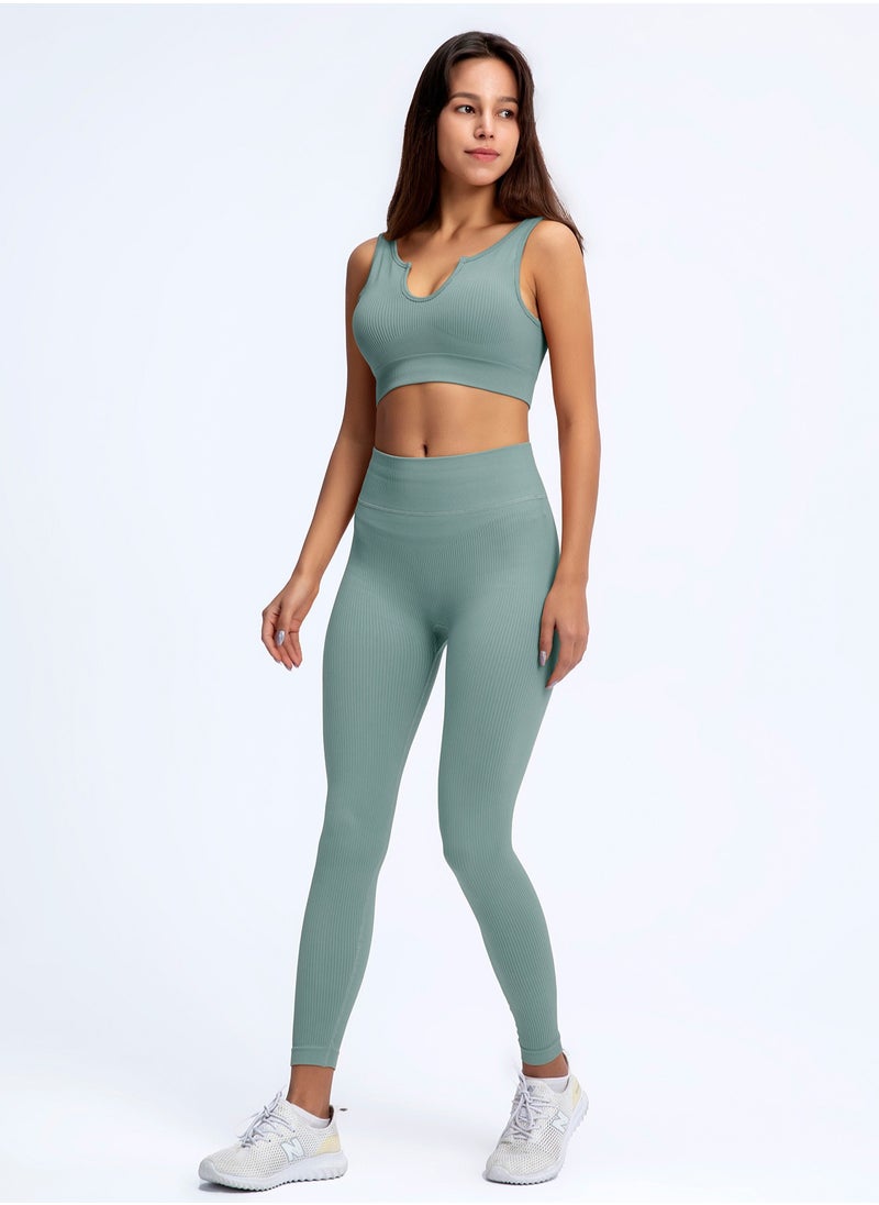 NIBEMINENT - Women's Workout Clothes Set of 2 Ribbed Seamless Crop Tank Top High Waist Yoga Leggings Set Activewear - Image 1