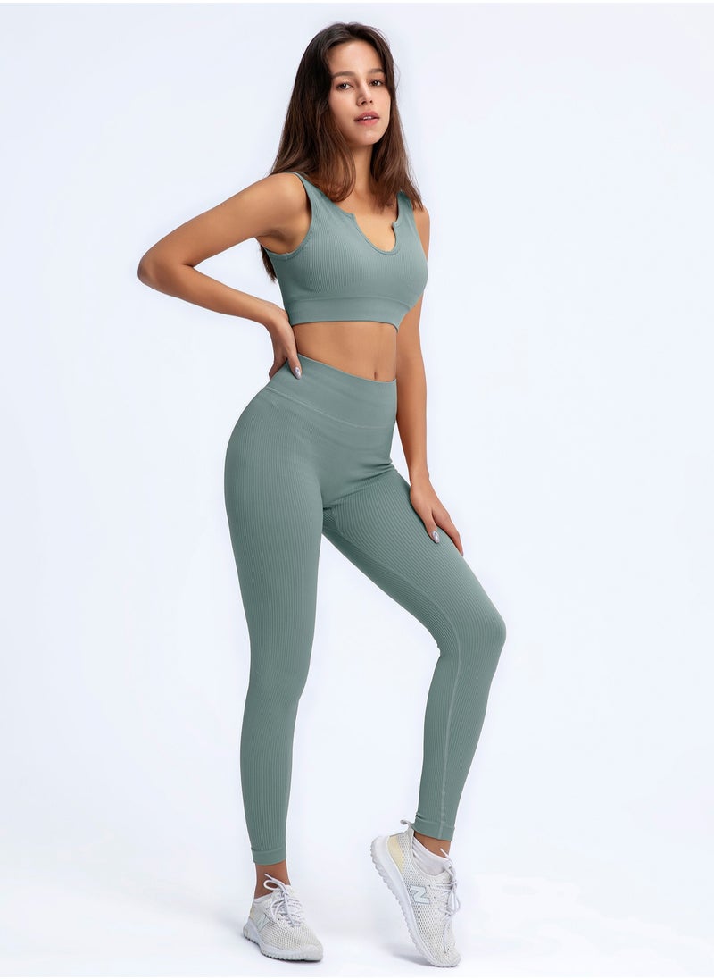 NIBEMINENT - Women's Workout Clothes Set of 2 Ribbed Seamless Crop Tank Top High Waist Yoga Leggings Set Activewear - Image 1
