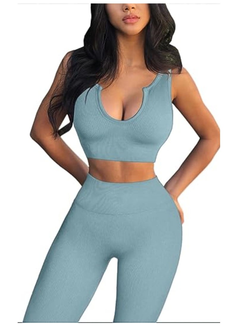 NIBEMINENT - Women's Workout Clothes Set of 2 Ribbed Seamless Crop Tank Top High Waist Yoga Leggings Set Activewear - Image 1