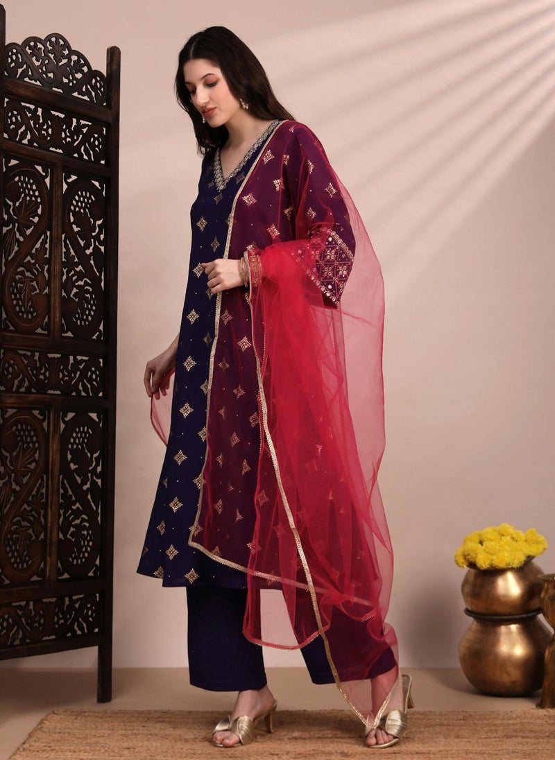 Globus Women Purple Silk Blend Ethnic Motif Embroidered Mirror Work A Line Kurta Set With Net Dupatta - Image 3