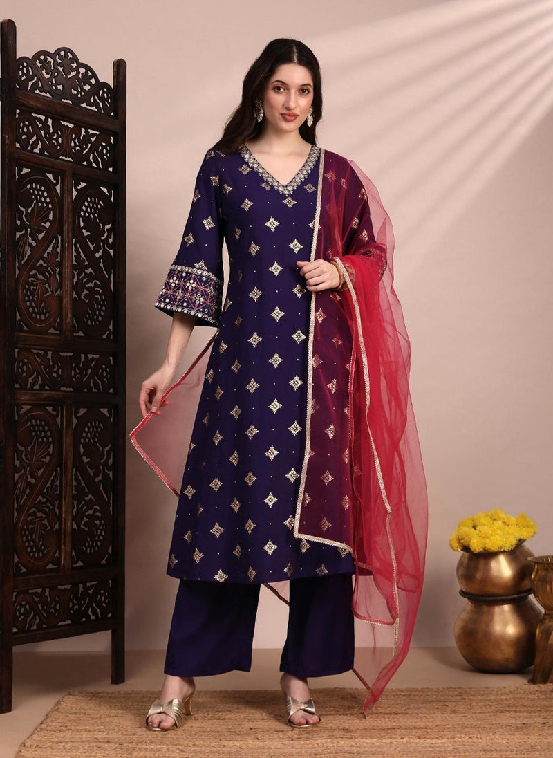 Globus Women Purple Silk Blend Ethnic Motif Embroidered Mirror Work A Line Kurta Set With Net Dupatta - Image 1