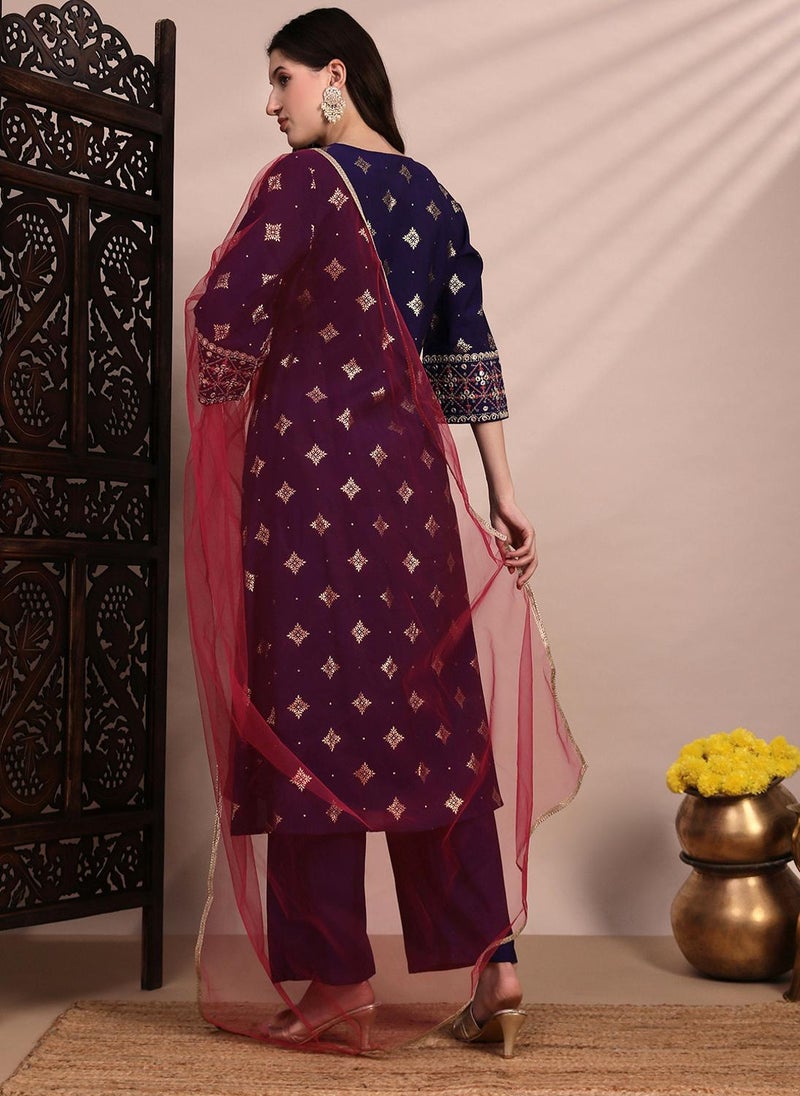 Globus Women Purple Silk Blend Ethnic Motif Embroidered Mirror Work A Line Kurta Set With Net Dupatta - Image 4