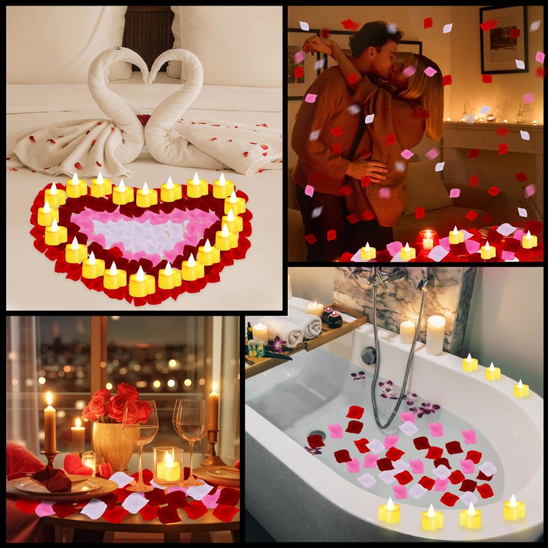 VIHOSE 4000 Pcs Artificial Rose Petals with 24 Pcs LED Tea Lights Candles Flameless LED Candles Fake Rose Petals for Wedding Birthday Party(Yellow Light, Bright Color Petal) - Image 3