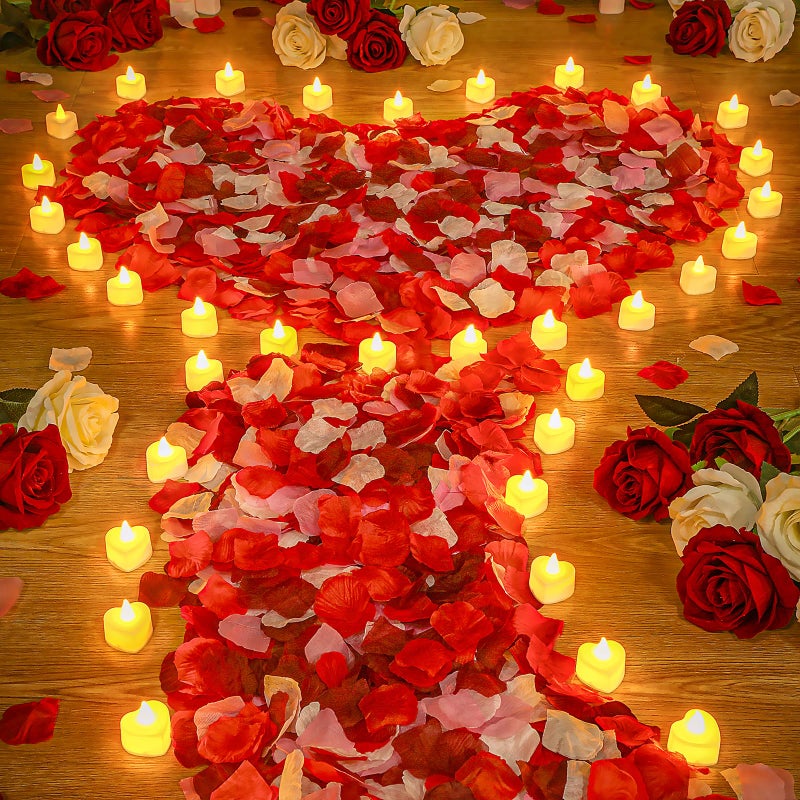 VIHOSE 4000 Pcs Artificial Rose Petals with 24 Pcs LED Tea Lights Candles Flameless LED Candles Fake Rose Petals for Wedding Birthday Party(Yellow Light, Bright Color Petal) - Image 1