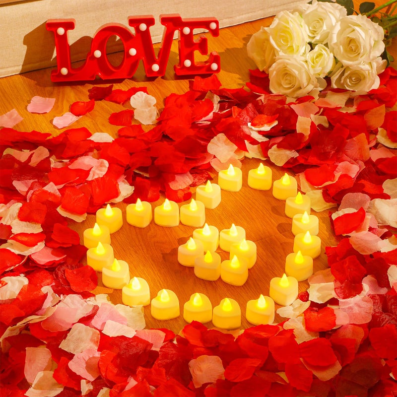 VIHOSE 4000 Pcs Artificial Rose Petals with 24 Pcs LED Tea Lights Candles Flameless LED Candles Fake Rose Petals for Wedding Birthday Party(Yellow Light, Bright Color Petal) - Image 2