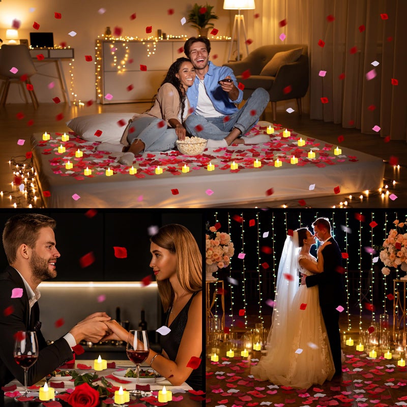 VIHOSE 4000 Pcs Artificial Rose Petals with 24 Pcs LED Tea Lights Candles Flameless LED Candles Fake Rose Petals for Wedding Birthday Party(Yellow Light, Bright Color Petal) - Image 5
