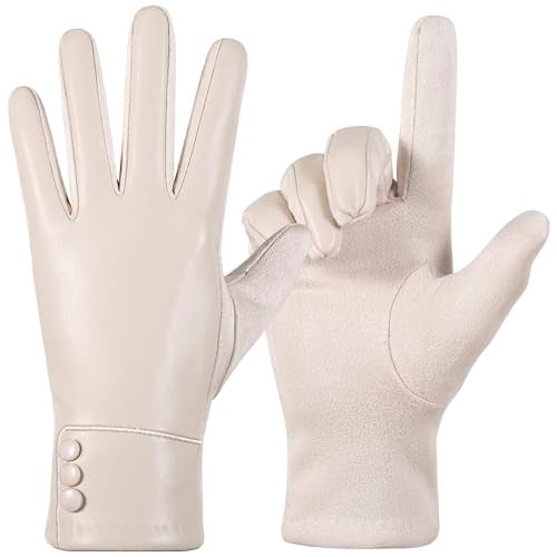 Kebesu Winter Fashion Leather Gloves for Women, Touch Screen Wool Lined Outdoor Windproof Warm Suede Driving Dress Gloves - Image 2
