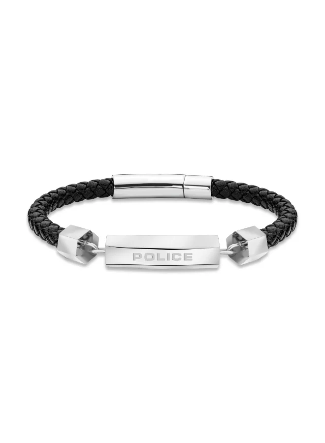 POLICE Hardware Silver Stainless Steel and Black Leather Bracelet for Men 200mm
