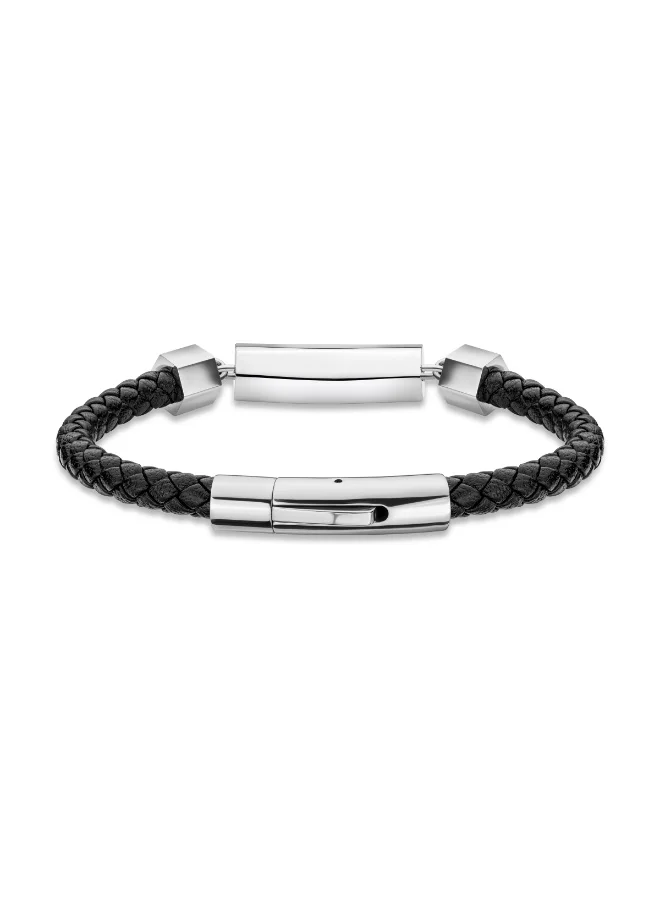 POLICE Hardware Silver Stainless Steel and Black Leather Bracelet for Men 200mm