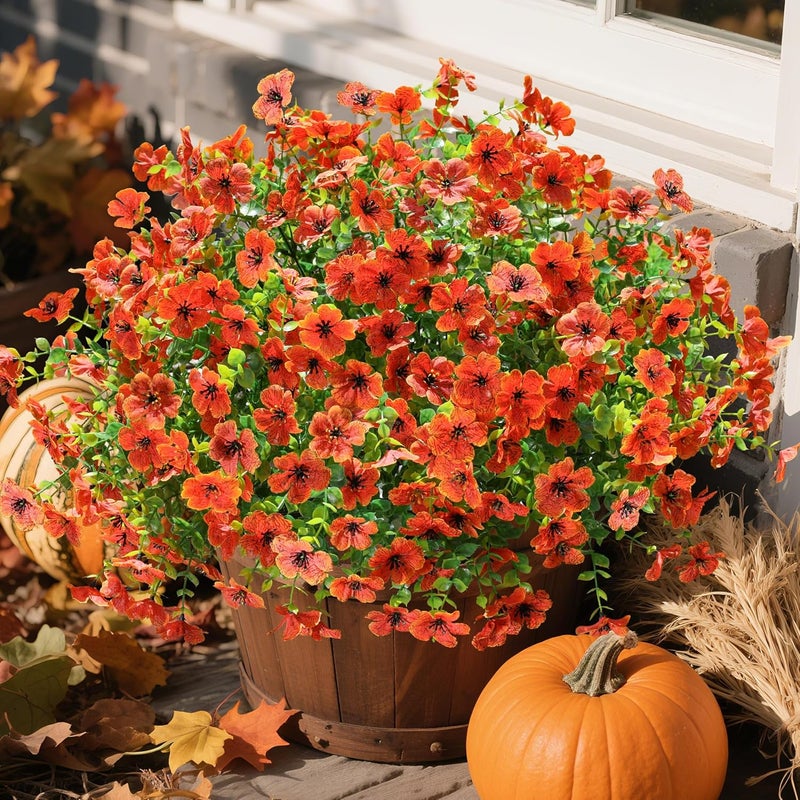 florisso Artificial Fake Fall Mums Flowers Plants for Outdoor Outside Decoration, 12 Bundles Faux Silk Orange Daisy UV Resistant Look Real for Autumn Front Door Porch Planter Patio Garden Home - Image 3