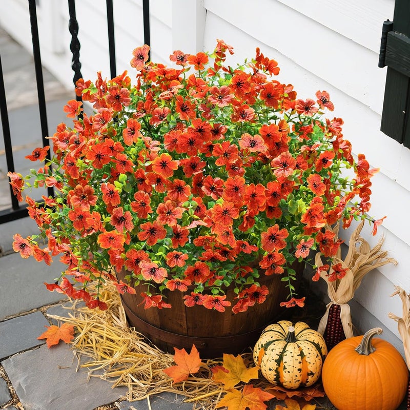 florisso Artificial Fake Fall Mums Flowers Plants for Outdoor Outside Decoration, 12 Bundles Faux Silk Orange Daisy UV Resistant Look Real for Autumn Front Door Porch Planter Patio Garden Home - Image 2