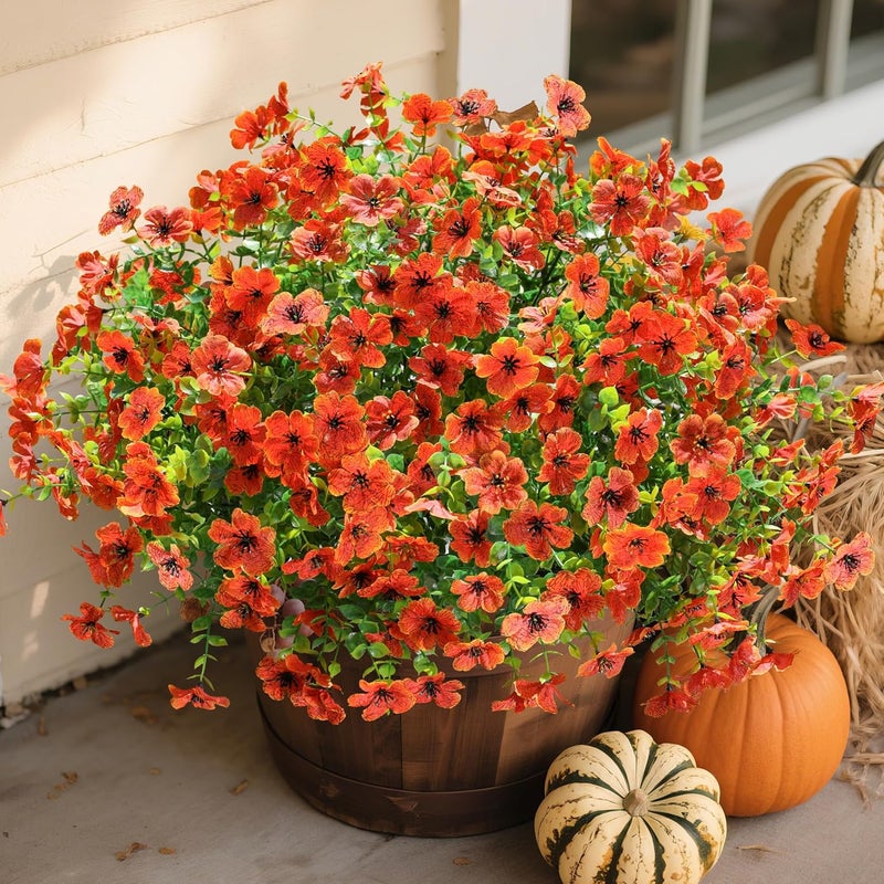 florisso Artificial Fake Fall Mums Flowers Plants for Outdoor Outside Decoration, 12 Bundles Faux Silk Orange Daisy UV Resistant Look Real for Autumn Front Door Porch Planter Patio Garden Home - Image 1