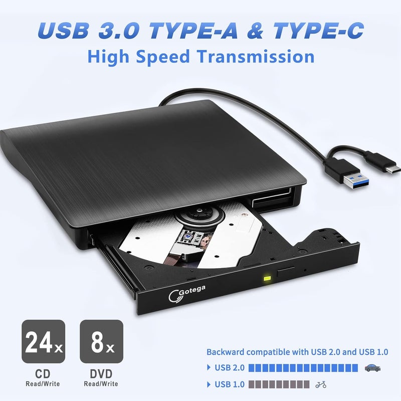 Gotega External DVD Drive USB 3.0 TYPE C Portable CD/DVD +/-RW Disk Drive DVD Player for Laptop CD/DVD ROM Burner Reader with Protective Carrying Case & 10 Blank Discs for Laptop Desktop Windows Linux Mac - Image 2