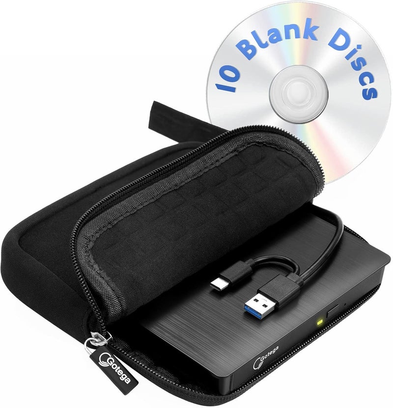 Gotega External DVD Drive USB 3.0 TYPE C Portable CD/DVD +/-RW Disk Drive DVD Player for Laptop CD/DVD ROM Burner Reader with Protective Carrying Case & 10 Blank Discs for Laptop Desktop Windows Linux Mac - Image 1