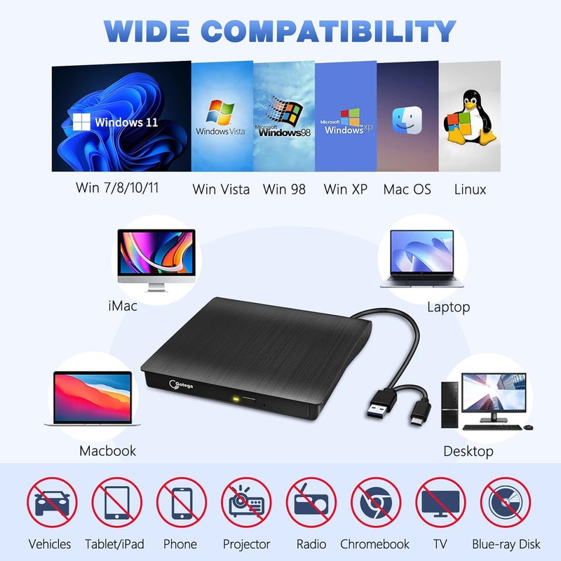 Gotega External DVD Drive USB 3.0 TYPE C Portable CD/DVD +/-RW Disk Drive DVD Player for Laptop CD/DVD ROM Burner Reader with Protective Carrying Case & 10 Blank Discs for Laptop Desktop Windows Linux Mac - Image 3
