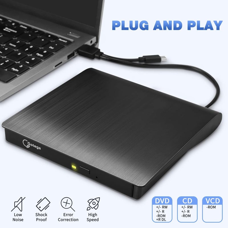 Gotega External DVD Drive USB 3.0 TYPE C Portable CD/DVD +/-RW Disk Drive DVD Player for Laptop CD/DVD ROM Burner Reader with Protective Carrying Case & 10 Blank Discs for Laptop Desktop Windows Linux Mac - Image 5