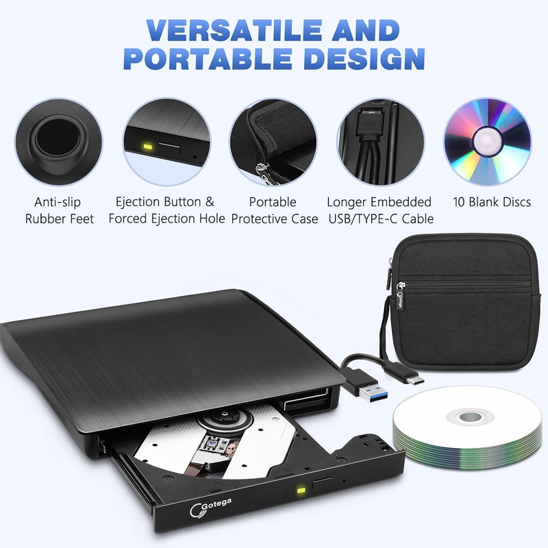 Gotega External DVD Drive USB 3.0 TYPE C Portable CD/DVD +/-RW Disk Drive DVD Player for Laptop CD/DVD ROM Burner Reader with Protective Carrying Case & 10 Blank Discs for Laptop Desktop Windows Linux Mac - Image 4