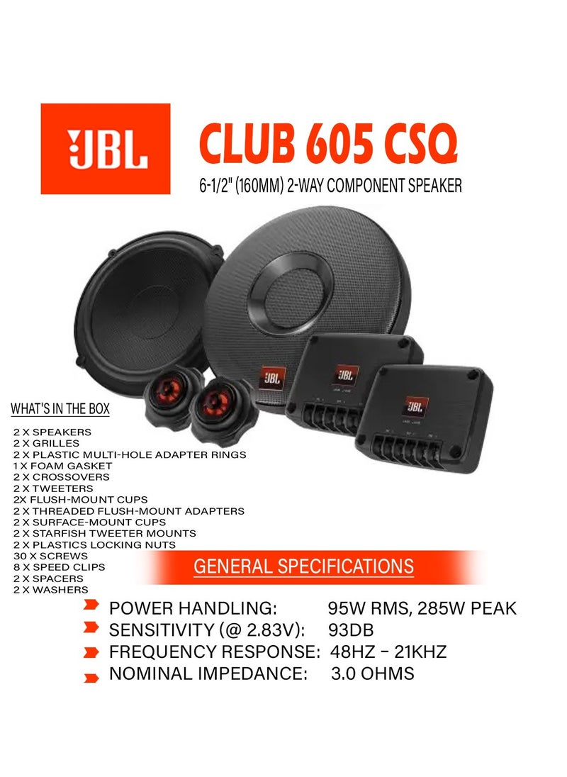 JBL - Jbl Club 605Csq 2-Way Car Audio System - 285 Watt Component Car Speaker Set With 160Mm Carbon Fibre Car Woofer, Silk Dome Tweeter And Filters - Image 1